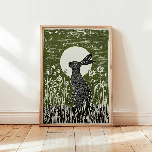 Green Hare Poster - Linocut Moon Rabbit Art Woodland Wildlife Illustration - image 1