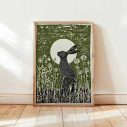 Green Hare Poster - Linocut Moon Rabbit Art Woodland Wildlife Illustration - thumbnail 1