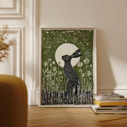 Green Hare Poster - Linocut Moon Rabbit Art Woodland Wildlife Illustration - thumbnail 2