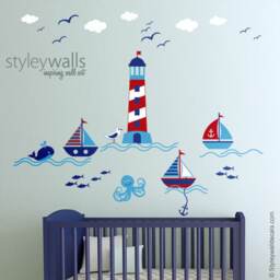 Nautical Wall Decal, Sailboat Sailor Boat Sticker, Nursery Room Decor, Light Tower Decal - thumbnail 2