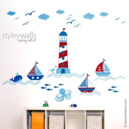 Nautical Wall Decal, Sailboat Sailor Boat Sticker, Nursery Room Decor, Light Tower Decal - thumbnail 1