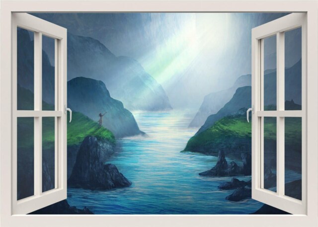 Mountains Wall Decal, Sea Mural, Fantasy Nature Sticker, 3D Window View Home Living Room Decor