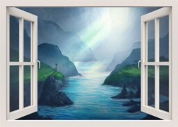 Mountains Wall Decal, Sea Mural, Fantasy Nature Sticker, 3D Window View Home Living Room Decor