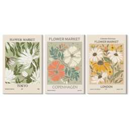 Canvas Art Set Of 3 - Floral Motifs From Different Cities Around The World, Green Wall Large, Plants & Flowers Decor - thumbnail 3