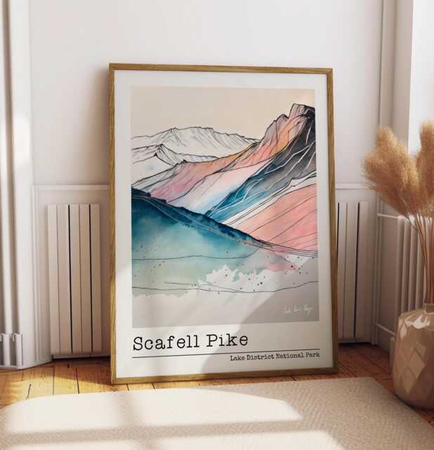 Scafell Pike Print Lake District Mountain Pastel Watercolor Line Art - image 1