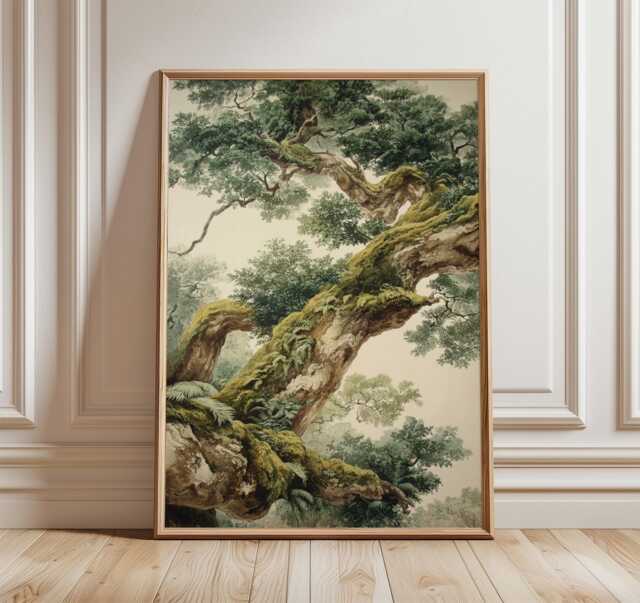 Ancient Oak Tree Poster - Mossy Forest Wall Art Vintage Woodland Nature Print - image 1