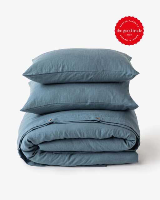 Gray Blue Linen Duvet Cover Set Queen King Bedding Coastal - image 1