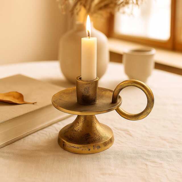 Short Taper Candle Holder Antique Brass - Handmade Aluminum Table Decor & Gifting - image 1
