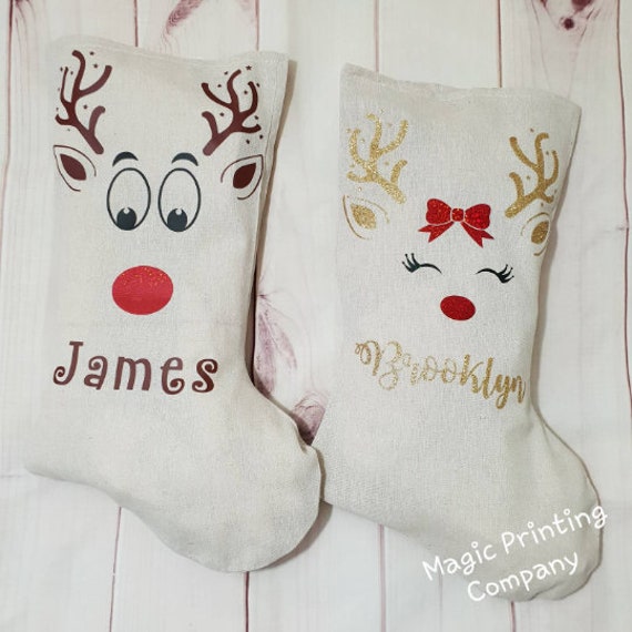 Personalised Christmas Stocking Any Name Reindeer Rudolf Xmas Gift Bag Present Baby Deer Girls Decoration Tree Linen Glitter 1St - image 1
