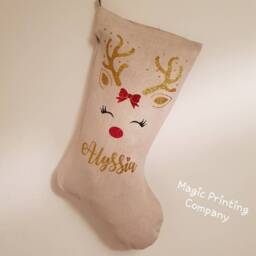 Personalised Christmas Stocking Any Name Reindeer Rudolf Xmas Gift Bag Present Baby Deer Girls Decoration Tree Linen Glitter 1St - thumbnail 3