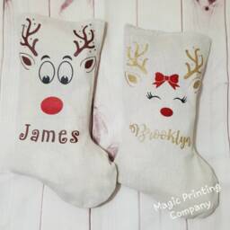 Personalised Christmas Stocking Any Name Reindeer Rudolf Xmas Gift Bag Present Baby Deer Girls Decoration Tree Linen Glitter 1St - thumbnail 1