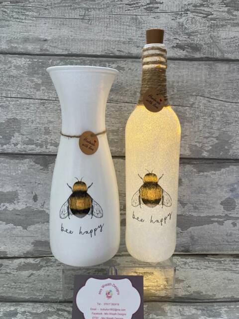 Bee Decoupage Light Up Bottle & Matching Vase - Bumble Nee Mother's Day Gift - image 1