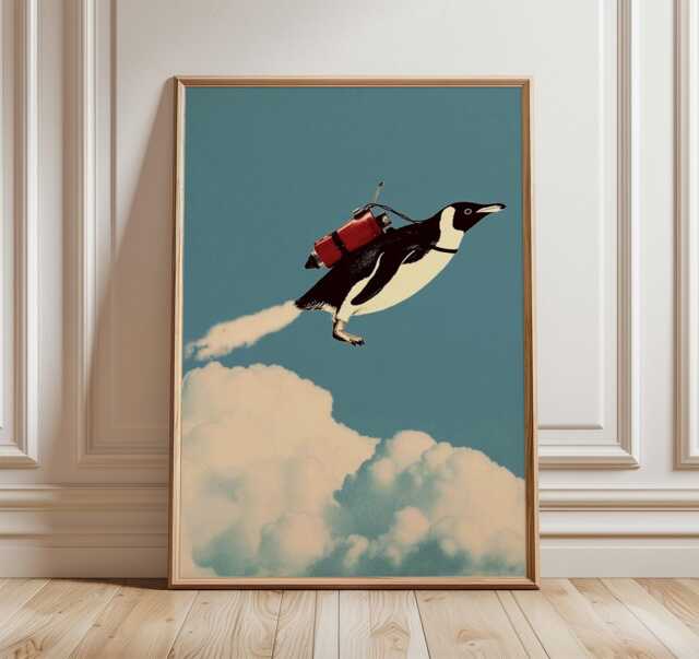 Penguin Wall Art Print, Whimsical Surreal Illustration, Flying Poster, Modern Pop Decor, Playful Contemporary Artwork - image 1