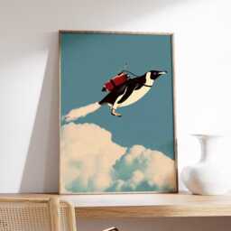 Penguin Wall Art Print, Whimsical Surreal Illustration, Flying Poster, Modern Pop Decor, Playful Contemporary Artwork - thumbnail 2