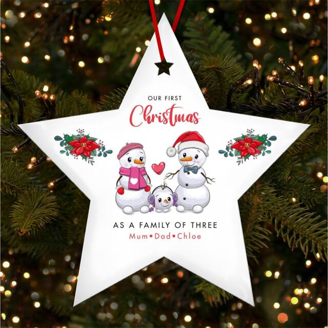 Our First As Family 3 Snowman Personalised Christmas Tree Ornament Decoration