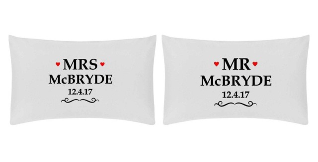 Personalised Couple Love Heart Pillow Cases - Wedding Date & Surnames Printed - image 1