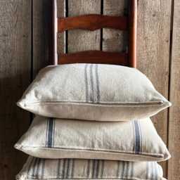 Grain Sack Stripe Pillow Cover - Farmhouse Ticking Blue 12 Front Beige Fabric Back Zipper Closure - thumbnail 2