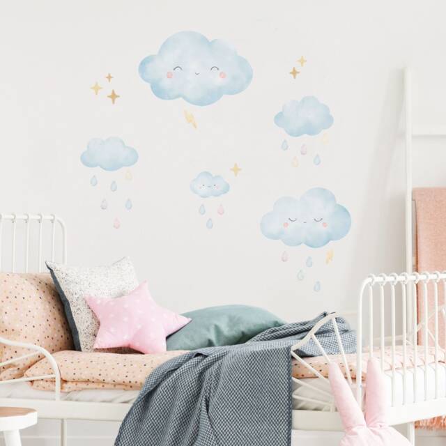 Happy Watercolor Cloud & Raindrop Wall Decals, Plastic-Free Stickers - image 1