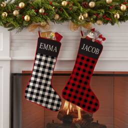 Personalized Christmas Stocking - Custom Buffalo Plaid Rustic Holiday D??cor Farmhouse Mantel 19