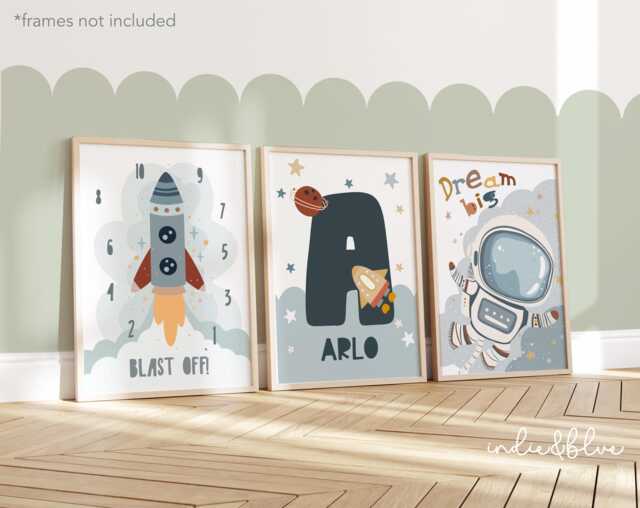 Personalised Space Print Set Of 3, Astronaut & Rocket Prints, Boy Bedroom Decor, Solar System Name - image 1
