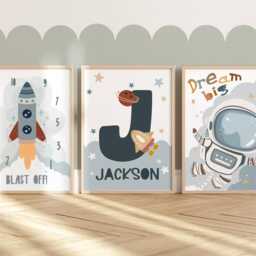 Personalised Space Print Set Of 3, Astronaut & Rocket Prints, Boy Bedroom Decor, Solar System Name - thumbnail 2
