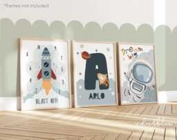 Personalised Space Print Set Of 3, Astronaut & Rocket Prints, Boy Bedroom Decor, Solar System Name - thumbnail 1