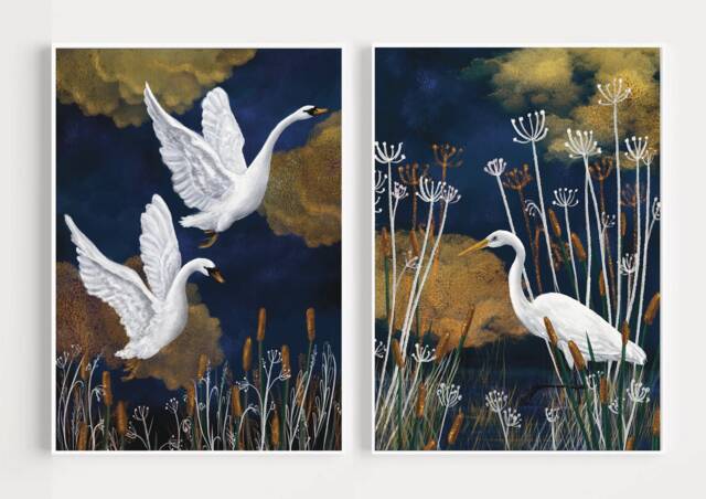 A5 A4 A3 Set Of 2 Prints - Swans & Stork Golden Blue Art Print - White Lake Artwork Bird Poster Wildlife Wall Art - image 1