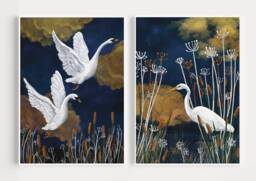 A5 A4 A3 Set Of 2 Prints - Swans & Stork Golden Blue Art Print - White Lake Artwork Bird Poster Wildlife Wall Art - thumbnail 1