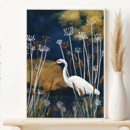 A5 A4 A3 Set Of 2 Prints - Swans & Stork Golden Blue Art Print - White Lake Artwork Bird Poster Wildlife Wall Art - thumbnail 3