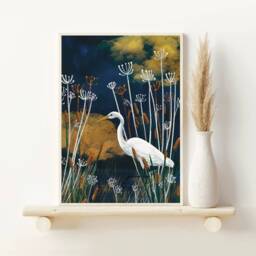 A5 A4 A3 Set Of 2 Prints - Swans & Stork Golden Blue Art Print - White Lake Artwork Bird Poster Wildlife Wall Art - thumbnail 4