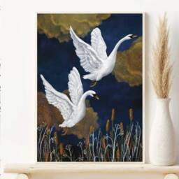 A5 A4 A3 Set Of 2 Prints - Swans & Stork Golden Blue Art Print - White Lake Artwork Bird Poster Wildlife Wall Art - thumbnail 2