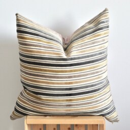 striped Mauve Velvet Pillow Cover Purple Grey & Gold Decorative Cushion - thumbnail 2