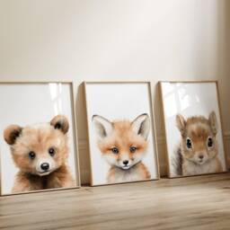 Woodland Nursery Prints, Decor, Wall Art, Set Of 3 Animals - thumbnail 2