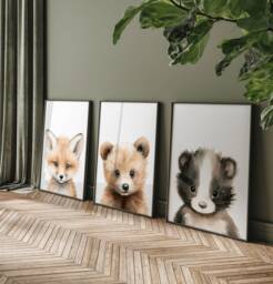 Woodland Nursery Prints, Decor, Wall Art, Set Of 3 Animals - thumbnail 1