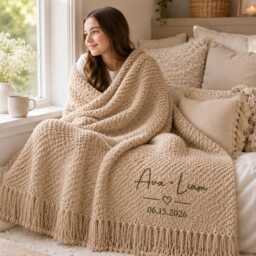 Embroidered Name Blanket, Personalized Chunky Knit Throw, Custom Single Gift, Cozy Fringe Blanket For Bedroom Sofa - thumbnail 1