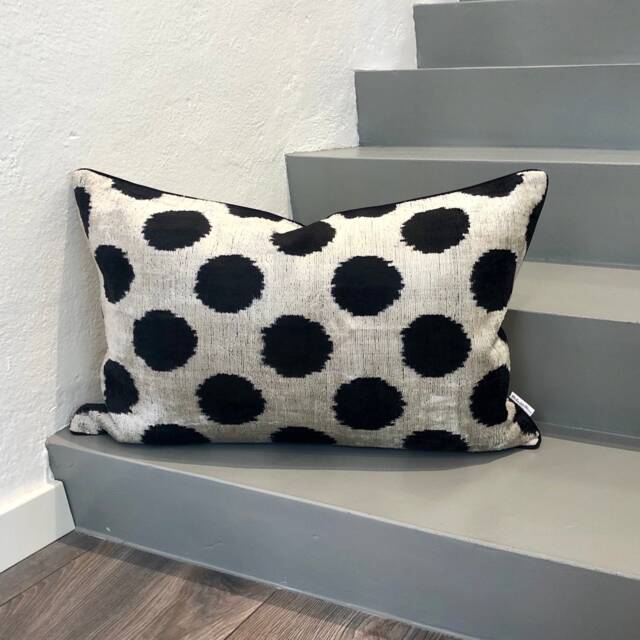 Velvet Ikat Pillow Cover Black Dots - Decorative Cushion For Sofa Or Bed - image 1