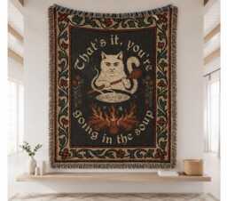 That's It You're Going in The Soup Cat Woven Blanket, Weird Medieval Tapestry, Funny Witchy Bookish Home Decor - thumbnail 1