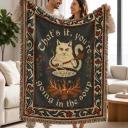 That's It You're Going in The Soup Cat Woven Blanket, Weird Medieval Tapestry, Funny Witchy Bookish Home Decor - thumbnail 3