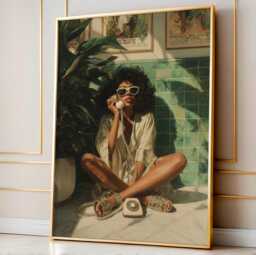 Retro Glam Wall Art Print, Black Woman Poster, Bathroom Art, African American Mid Century Modern Decor - thumbnail 1