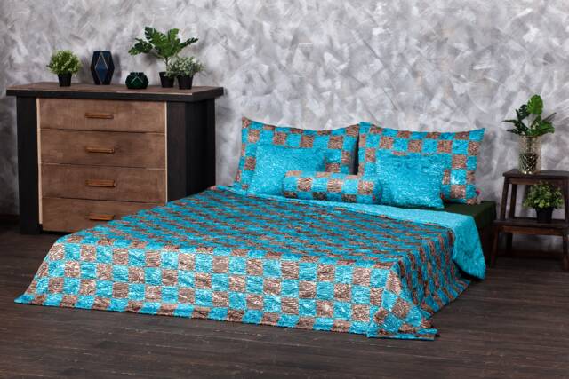 Luxury Faux Fur Bed Set - Aquamarine & Onyx Patchwork, Tissavel Eco - image 1