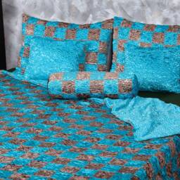 Luxury Faux Fur Bed Set - Aquamarine & Onyx Patchwork, Tissavel Eco - thumbnail 2