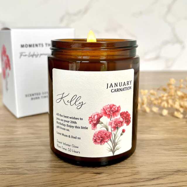Birth Flower Gift Candle, Personalised Birthday For Friend, Carnation Present, Matching Box - image 1