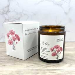Birth Flower Gift Candle, Personalised Birthday For Friend, Carnation Present, Matching Box - thumbnail 2