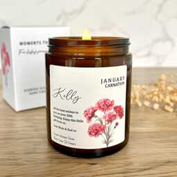 Birth Flower Gift Candle, Personalised Birthday For Friend, Carnation Present, Matching Box - thumbnail 1