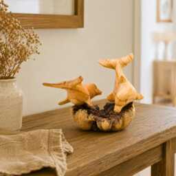 Carved Wood Dolphin Sculpture Natural Parasite Coastal Home Decor - thumbnail 3