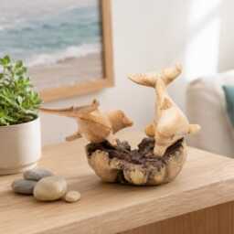 Carved Wood Dolphin Sculpture Natural Parasite Coastal Home Decor - thumbnail 1