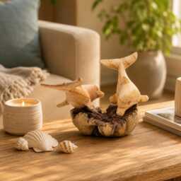 Carved Wood Dolphin Sculpture Natural Parasite Coastal Home Decor - thumbnail 2