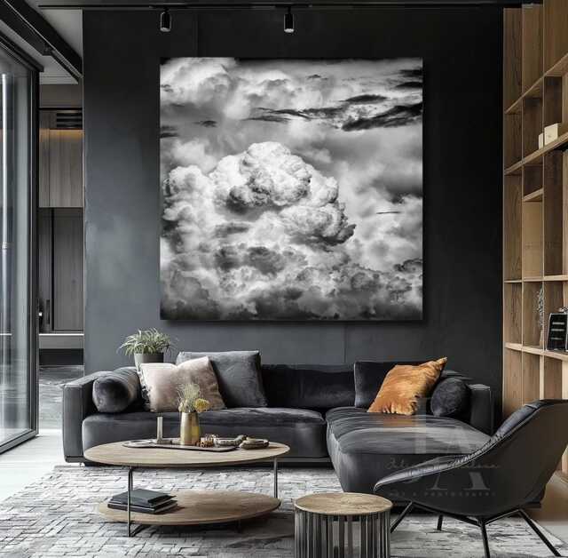 Black White Abstract Wall Art - Storm Clouds, Monochromatic Print, Cloud Painting, For Man Cave Or Office Decor Framing Available - image 1