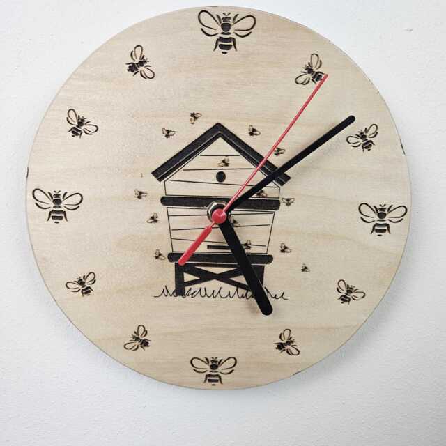 Wooden Beehive Wall Clock, Round Birch Honey Bee Engraved Timepiece, Traditional Honeybee Hive Wood Picture, Apiary Artwork Hanging - image 1