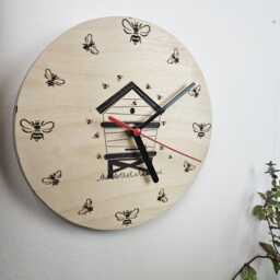 Wooden Beehive Wall Clock, Round Birch Honey Bee Engraved Timepiece, Traditional Honeybee Hive Wood Picture, Apiary Artwork Hanging - thumbnail 2
